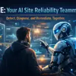 Illustration titled AI SRE, Your AI Site Reliability Teammate, showing an engineer and a humanoid robot side by side reviewing telemetry dashboards and dependency graphs