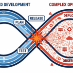 DevOps infinity loop with a streamlined blue development side showing code, plan, build, and test, and a tangled red operations side showing deploy, operate, and observe, with warning icons clustering at the release handoff