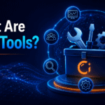 Illustration titled What Are SRE Tools, showing a glowing toolbox ringed by icons for monitoring, alerting, collaboration, search, configuration, and AI